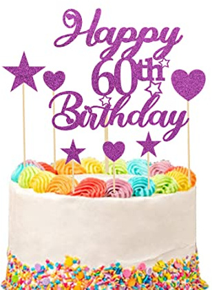 Tortenaufsätze zum 60. Geburtstag, Happy 60th Birthday, Tortenaufsatz mit Herz, Stern, Cupcake-Topper Picks, Glitzer-Kuchendekoration für Geburtstagsparty, Kuchenzubehör – 9 Stück (lila)