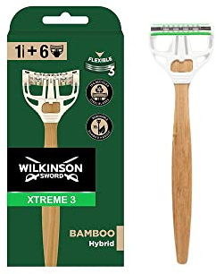 Wilkinson Sword Xtreme 3 Bamboo Hybrid Rasoir en bambou renouvelable + 6 recharges avec 3 lames flexibles pour un rasage confortable et précis