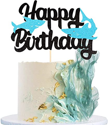 SYKYCTCY 1 Pack Shark Happy Birthday Cake Topper Shark Cake Pick Glitter Ocean Themed Baby Shower Birthday Party Decorations Supplies Black Blue