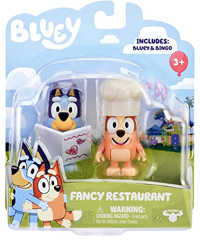 Giochi Preziosi Paar Figuren Bingo und Bluey Fancy Restaurant mit Hut und Menü als Zubehör für Kinder ab 3 Jahren, BLY07100