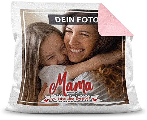 PR Print Royal Kissen mit Füllung zum selbst Gestalten mit eigenem Foto - Mama du bist die Beste - Hochwertige Kissenhülle mit Reißverschluss, Farbkissen Rückseite Rosa, 40 x 40 cm