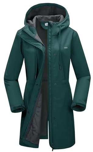 33.000ft Veste softshell légère avec capuche imperméable pour femme,Veste fonctionnelle doublée en polaire,Coupe-vent respirant,Manteau long à capuche pour cyclisme, randonnée, vert foncé, XL