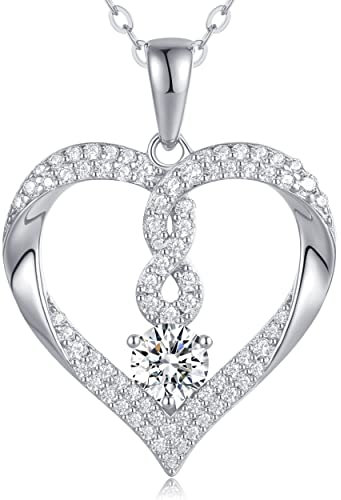 Kette Damen Rhodium überzog 925 Sterlingsilber Infinity Kette Anhänger Zirkonia Herz Halsketten Schmuck Damen Weihnachten Geschenke für Frauen Freundin Mama Valentinstag Geburtstags Muttertags