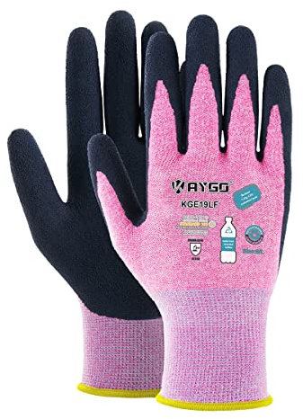 KAYGO 3 Paar Arbeitshandschuhe für Damen Atmungsaktiv Latex Beschichtete Frauen Gartenhandschuhe aus recyceltem Polyester, umweltfreundliche Schutzhandschuhe für Haus- Gartenarbeit (Rosa, L, Gr 9)