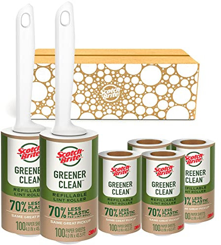 Scotch-Brite Greener Clean - Rodillo de Pelusa Reutilizable para Ropa, Muebles y Pelo de Mascotas, ordena Telas con un removedor de Pelusas más sostenible, 2 Rodillos, 4 recambios