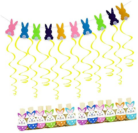 Osterdeko Set - Osterhase Hasen Girlande + 12 Ostereier Eier Mini WäScheklammern + 12 Wirbel DeckenhäNger