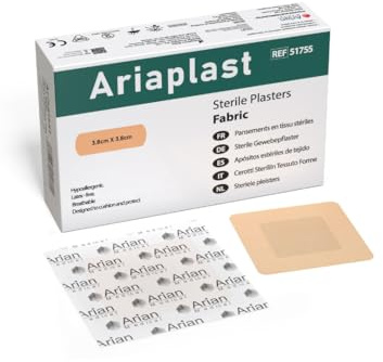 Fabric Plasters 3.8cm X 3.8cm Pack of 100 - Ariaplast Sterile - Commercial - Square Extra Cushioning - Wound Care Super Sticky Zinc Oxide Adhesive - Heavy Elastic Fabric