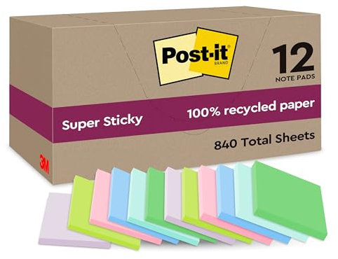 Post-it Super Sticky 100% Recycled Notes, Pack of 12 Pads, 70 Sheets per Pad, 47.6 mm x 47.6 mm, Pink, Green, Blue, Purple, Yellow - Extra Sticky Notes Made from 100% Recycled Paper