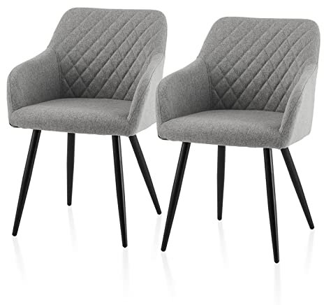 TUKAILAI Esszimmerstühle 2er Set aus Leinen, Modern Küchenstuhl Armlehnstuhl Polsterstuhl Wohnzimmerstuhl mit Armlehnen Rückenlehne Metallbeinen, Sessel für Küche Esszimmer Wohnzimmer, Grau