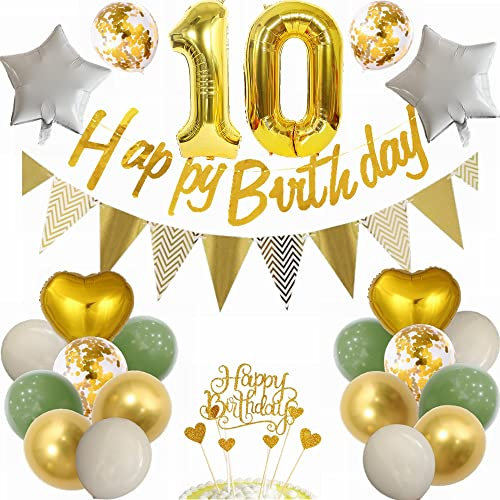 Yunchu Online Ballon Dekoration 10. Geburtstag Jungen Mädchen – Grün und Gold – Party und Geschenk 10 Jahre