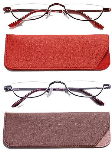 Hubeye 2 Pairs Half Moon Reading Glasses for Women and Men Metal Slim Half Frame Lens Ultra Thin Readers with Spring Hinges and Leather case 2.50