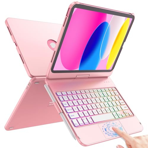 FUWANG Touch Keyboard Case for iPad (A16) 11th Generation 11 inch 2025&10th Gen 10.9 inch 2022, 360° Rotate for iPad 10th Generation Case with Keyboard, Backlit Keyboard Case with Pencil Holder, Pink