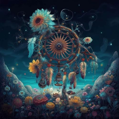 OfFsum DIY 5D Full Drill Diamant Malen nach Zahlen Kits für Erwachsene Kunst Handwerk Leinwand Farbe mit Diamanten Kristall für Home Wall Decor – Gras Blume Elf Schnecken Big Dream Catcher 1