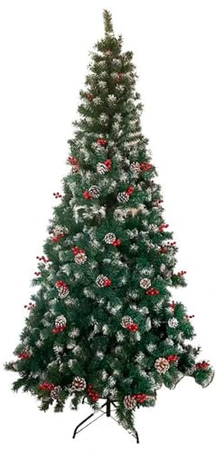 AC - Árbol de Navidad con piñas y Bayas, Pino Artificial Verde con Puntas Blancas, Estructura de plástico y Metal Revestido, Robusto y Duradero, fácil Montaje, 210 cm