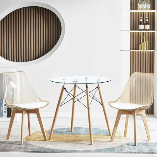 FURNITABLE Esszimmergruppe 3-teilig Essgruppe, Set Tisch und Stühle für Esszimmer Küche Wohnzimmer, Transparente Tabelle + 2 transparente Stühle mit weißen Kissen in der Farbe Teal