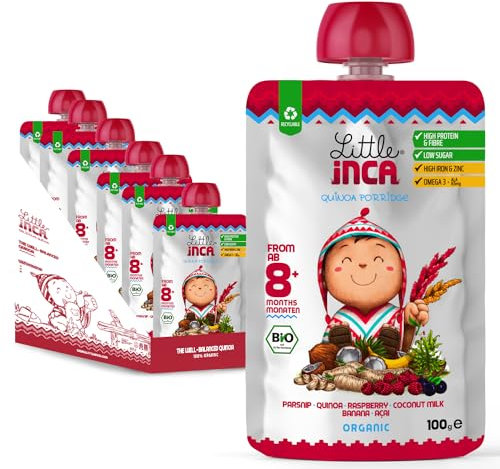 Little Inca Quinoa Porridge (6 x 100 g) | Leckere Babynahrung auf pflanzlicher Basis in recycelbaren Beuteln, schont den Darm und fördert die kognitive Entwicklung | Laktosefrei | Ab 8 Monaten