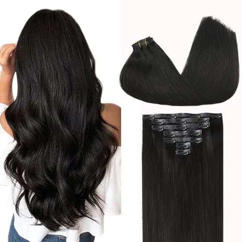 GOO GOO Nahtlose Clip in Extensions Echthaar, Echthaar Extensions Clip, 35cm 110g 7pcs, Extensions Echthaar, Haarverlängerung Echthaar, 1B Schwarz
