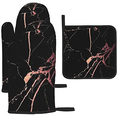 Black Rose Gold Marble Printed Oven Mitts And Pot Holders Sets Of 3 Heat Resistant Non-Slip Kitchen Oven Gloves For Cooking Baking Grilling