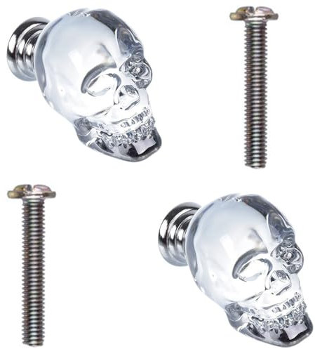 Lot de 2 boutons de porte en verre cristal transparent avec tête de mort et bouton à vis pour armoire, placard, décoration de cuisine