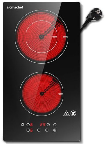 AMZCHEF Placa vitrocerámica de 2 fuegos, Placa vitrocerámica con enchufe, vitrocerámica con superficie de cristal negro, 3 zonas de calentamiento, temporizador y 9 niveles de potencia