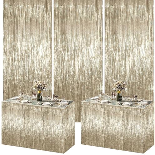 5pcs Champagne Gold Party Decoration Set,Champagne Gold Tinsel Foil Fringe Curtains Streamers Backdrop and Champagne Gold Fringe Table Skirt for Birthday Wedding Baby Shower Graduation Party Décor