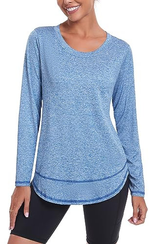 Deaviya Womens Long Sleeve Sports Tops UK, Sport Yoga T-Shirt Workout Running Tops, Crew Neck Quick Dry Golf Activewear Ladies Gym Sports Top, L,Blue