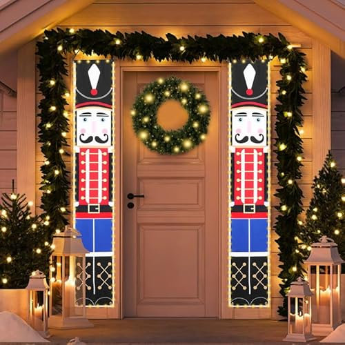 Kairey Nutcracker Christmas Decorations, Christmas Nutcracker Soldier Banner with LED String Lights Christmas Porch Banner 600D for Holiday Party Wall Front Door Porch Xmas Decor
