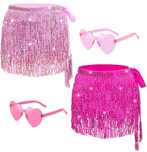Confezione da 2 gonne da donna con frange con paillettes e nappe, per danza del ventre, sciarpa per Halloween, festival e rave, Rosso 2, M/L