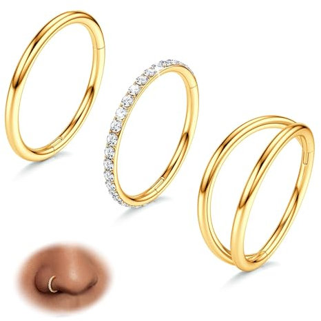 BodyBonita 3 Stück Nasenpiercing – 316L Edelstahl Doppelt Reifen Nasenring 18G CZ Septum Piercing Helix Conch Tragus Daith Ohrring lippenpiercing Schmuck Hypoallergen Frauen Männer Gold 9mm