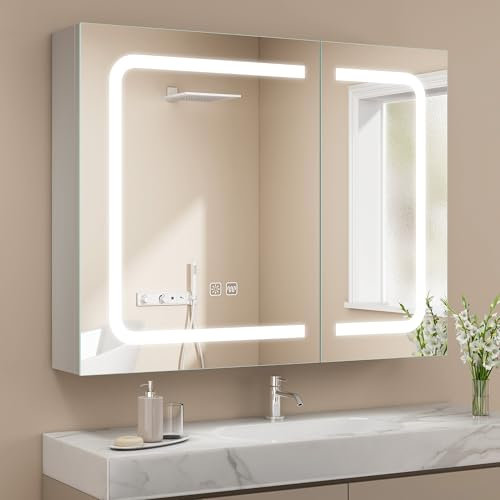 STARLEAD Spiegelschrank-Bad-mit-Beleuchtung 60X80 cm, Spiegelschrank-mit-Beleuchtung und Steckdose, Entfoggen, Dimmbar, 3 Lichtfarben, LED-Badspiegelschrank mit Verstellbare Ablage, HD Hartglas, Weiß