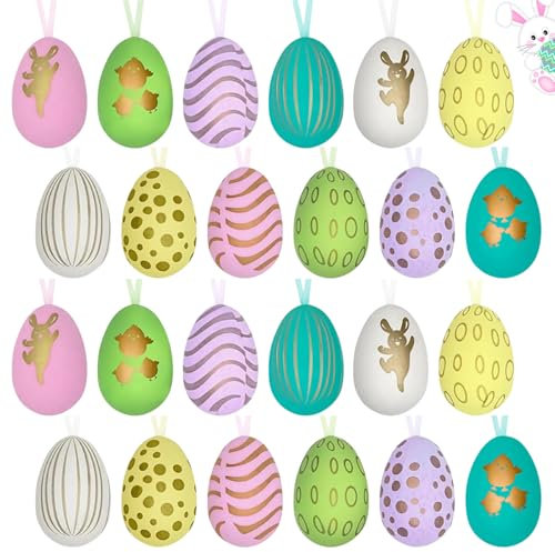 XLZJYIJ Ostereier zum Aufhängen, 24 Stück Ostereier Kunststoff Osterei Baum Hängende Dekoration, Bunte Plastik Eier Ostern, Bunte Ostereier Plastik mit Schnur für Ostern Geschenk Osterbaumschmuck