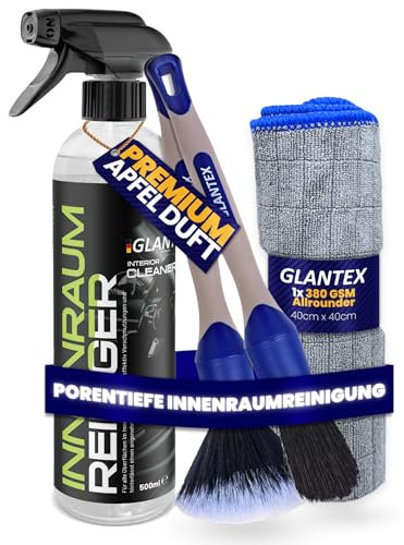 GLANTEX Auto Innenraum Reiniger Set – 500ml – Cockpitpflege für Innen Reinigung von Polster, Kunststoff, Leder & Armaturen – Autopflege Innenraumreiniger mit Mikrofasertuch & Pinsel – Cockpit Reiniger