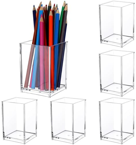 HAOWANWW 6Stück Acryl Stifteköcher Stiftehalter quadratisch Acryl Bleistift Organizer Transparent Stift Tasse Klar Make-up Pinsel Halter Bleistift Aufbewahrungskorb für Schule Zuhause Büro