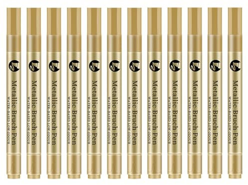 Omeblos 12 bolígrafos de pintura acrílica, bolígrafos dorados metálicos, de secado rápido, impermeables, marcadores metálicos para pintura de roca, vidrio, cerámica, madera, metal, marcadores