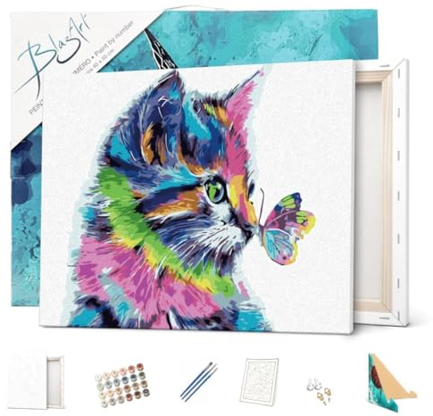 BlazArt Peinture par numéro Adulte avec Cadre 40x50 cm débutants | Kit complet prêt à l’emploi et à accrocher | DIY anti-stress | Marque française peinture numero - Animaux (Chat rencontre Papillon)