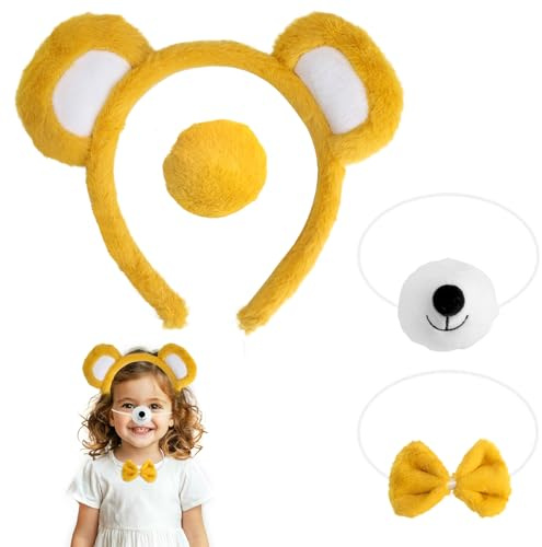 APOMOONS Bär Kostüm 4er Set, Bärenohren Haarreif Schleifen Nasen Schwänze, Bären Ohren Stirnband Damen, Bär Haarreifen, Party Accessorie für Karneval Cosplay Halloween Mottoparty, Gelb