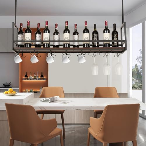 [en.casa] Portabottiglie Sospeso da Soffitto con Mensola in MDF e Struttura in Metallo con Binari per Calici e Ganci per Tazze 120 x 30 x 65 cm Nero/Effetto Noce