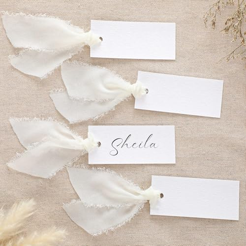 Humyoun 50 Pcs Name Place Cards with Ribbon Blank Wedding Tags, Ivory