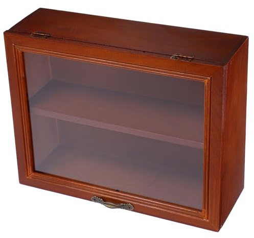 Kleiner Tischvitrinenschrank mit Klapptür Braun Acryl | Schaukasten Holz, Vintage Design mit Holzständer für Sammlungen, als Deko Nutzbar