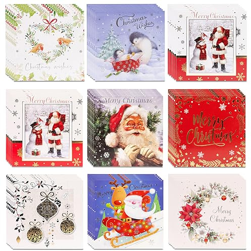 Christmas Cards Bumper Pack of 40 - Mixed 8 Cute & Traditional Festive Designs with Envelopes - Merry Christmas & Happy New Year Greeting Cards 12cm x 12cm