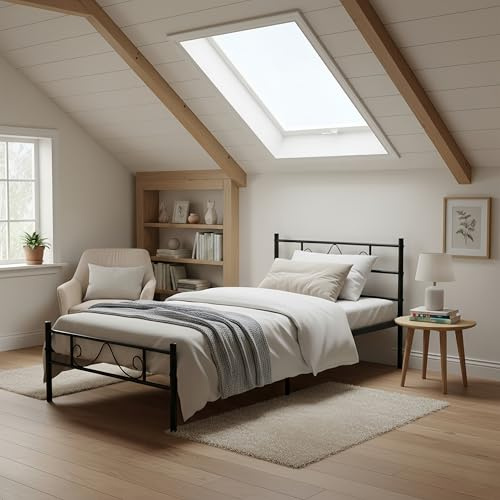 ZECIIYE Metallbett Bettgestell 190x90 cm,Einzelbett Teen Bett,Modern Jugendbett 32 cm hoch mit Stauraum unter dem Bett,Gästebett mit Kopfteil für kleine Räume,Schwarz