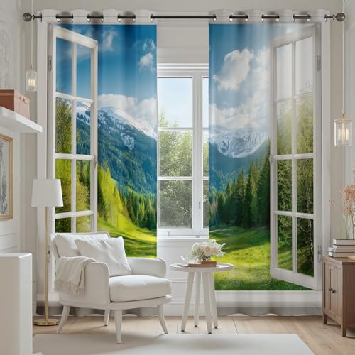 Tyafsgvqo 3D Effekt Fensterblick Vorhange Blickdicht 2er Set | Alaska Wald Berg Gardinen mit Ösen Natur Landschaft Verdunklungsvorhänge 175 cm Lang 70 Breit Thermovorhang Wohnzimmer