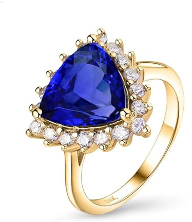 Ring Gold Damen 14K, Engagement Ring Blau 3 Karat Tansanit Dreiecksform Gelbgold Gr.50 (15.9) 585 Gelbgold
