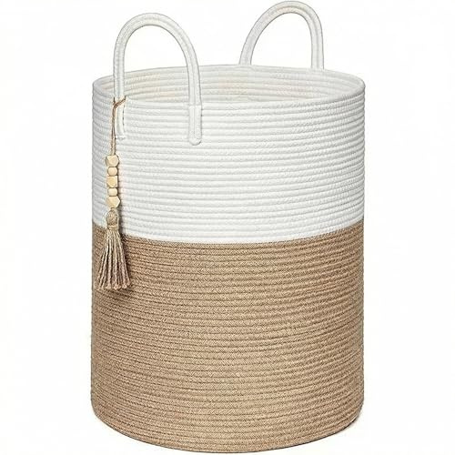 Large 60L Woven Cotton Rope Storage Basket with Handles | Tall Laundry & Toy Organiser for Nursery, Living Room & Bedroom | Soft, Foldable Blanket Basket (White&brown)