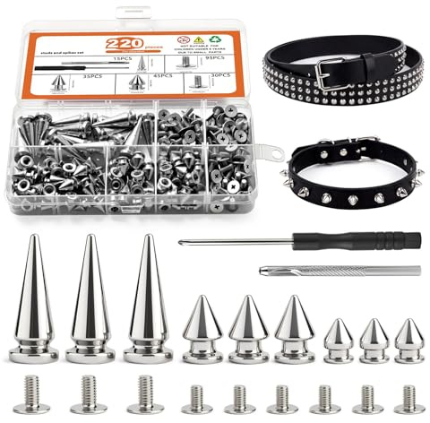 exylosluxek Juego de Remaches y Pinchos Punk, 220 Piezas Accesorios DIY para Ropa y Manualidades de Cuero, con Herramienta de Instalación y Caja de Almacenamiento