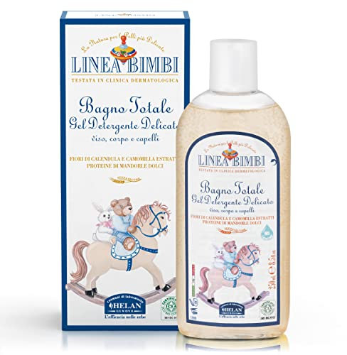 Helan, Linea Bimbi, Gel Douche Bebe, Shampoing et Nettoyant Visage, Corps et Cheveux pour Bébé - Savon Liquide et Bain Moussant Bébés avec Amande Douce, Calendula et Camomille, 250 ml - Made in Italy