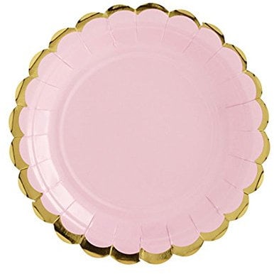 PartyDeco Lot de 6 grandes assiettes en carton rose avec bords dorés