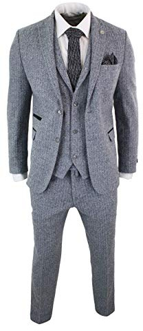 Mens Light Grey 3 Piece Tweed Suit Herringbone Wool Vintage Retro