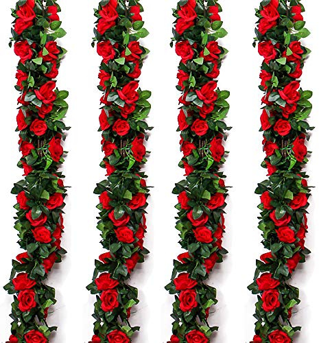 Musdoney Paquete de 4 Rosas Falsas de 32.2 pies, Plantas Artificiales para Colgar, Hiedra Rosa, hogar, Hotel, Oficina, Boda, Fiesta, jardín, Manualidades, decoración artística (Rojo)