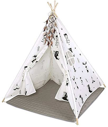 Hakuna Matte Tipi Zelt für Kinder – Stilvolles Spielzelt im skandinavischen Design mit Spielmatte, Traumfänger & Tragetasche – Kinderzelt besteht aus 100% Baumwolle und Kiefernholz, EN71-Zertifiziert